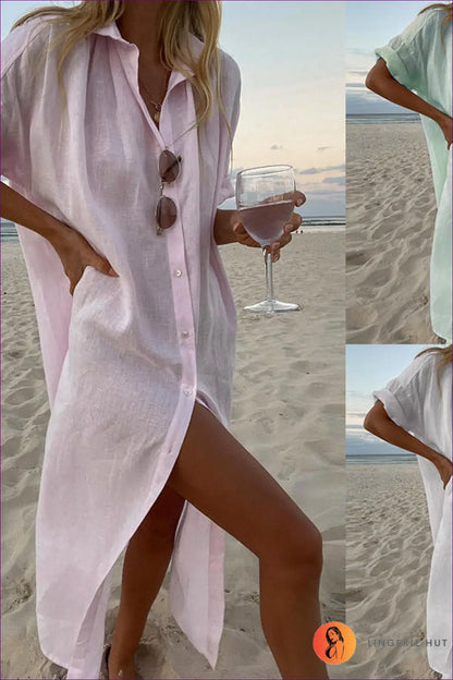 Oversized Shirt Dress with Button Front - Effortless Getaway - Beachwear • Casual • Cover Up • Dresses - Lingerie Hut
