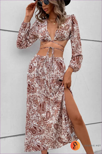 Sizzle In Our Paisley Split Set. Embrace Sexy Elegance With a Revealing Split And Chic V-neckline. Perfect For