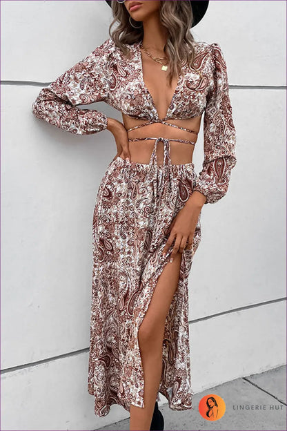 Sizzle In Our Paisley Split Set. Embrace Sexy Elegance With a Revealing Split And Chic V-neckline. Perfect For