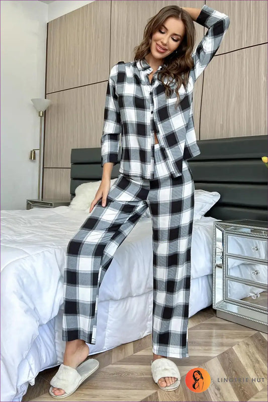 Pajama Set with Check Pattern - Classic Comfort for All Season, Casual, Cotton, Everyday,
