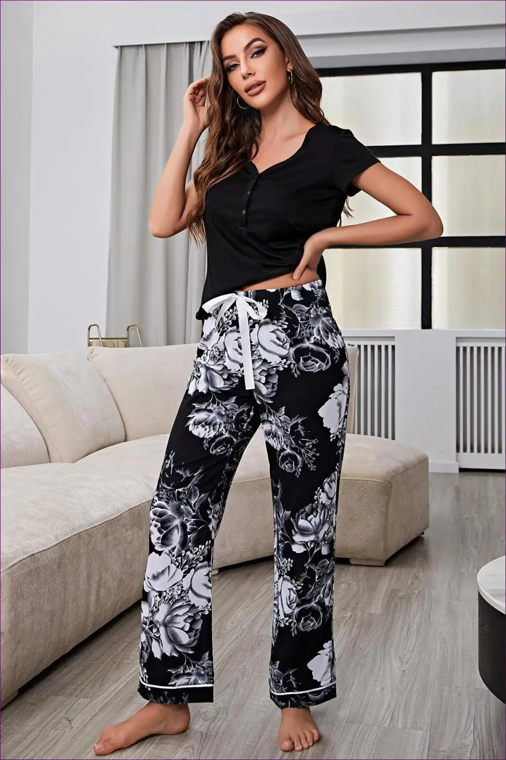 Pajama Set with Floral Bottoms - Feminine Evening Grace for All Season, Casual, Cotton, Everyday,
