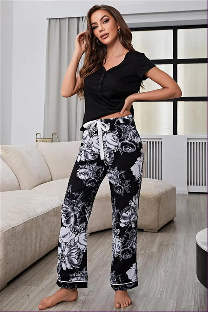 Pajama Set with Floral Bottoms - Feminine Evening Grace for All Season, Casual, Cotton, Everyday,