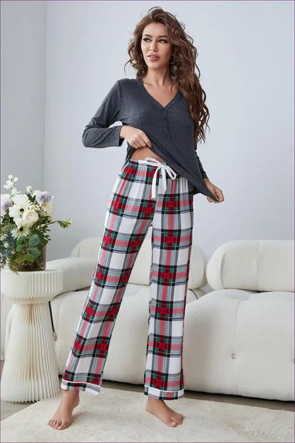 Pajama Set with Plaid Bottoms - Cosy Evening Ritual for All Season, Casual, Cotton, Everyday,