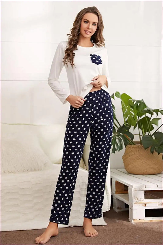 Pajama Set with Star Print - Playful Night Comfort for All Season, Casual, Cotton, Everyday,