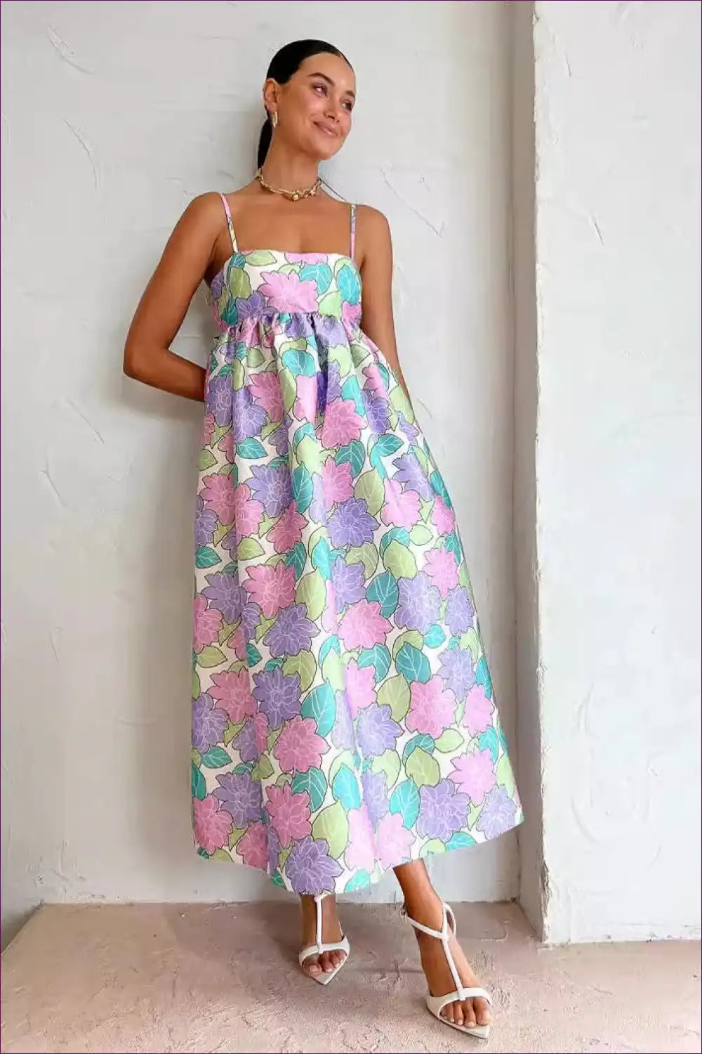 Pastel Floral Spaghetti-strap Maxi Dress - Empire Waist for Casual, Everyday, Floral, Maxi, Sleeveless