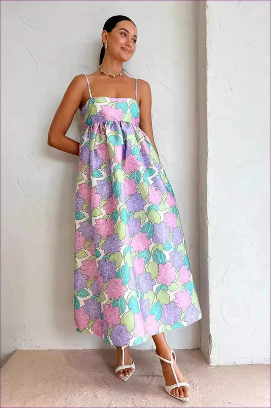 Pastel Floral Spaghetti-strap Maxi Dress - Empire Waist for Casual, Everyday, Floral, Maxi, Sleeveless