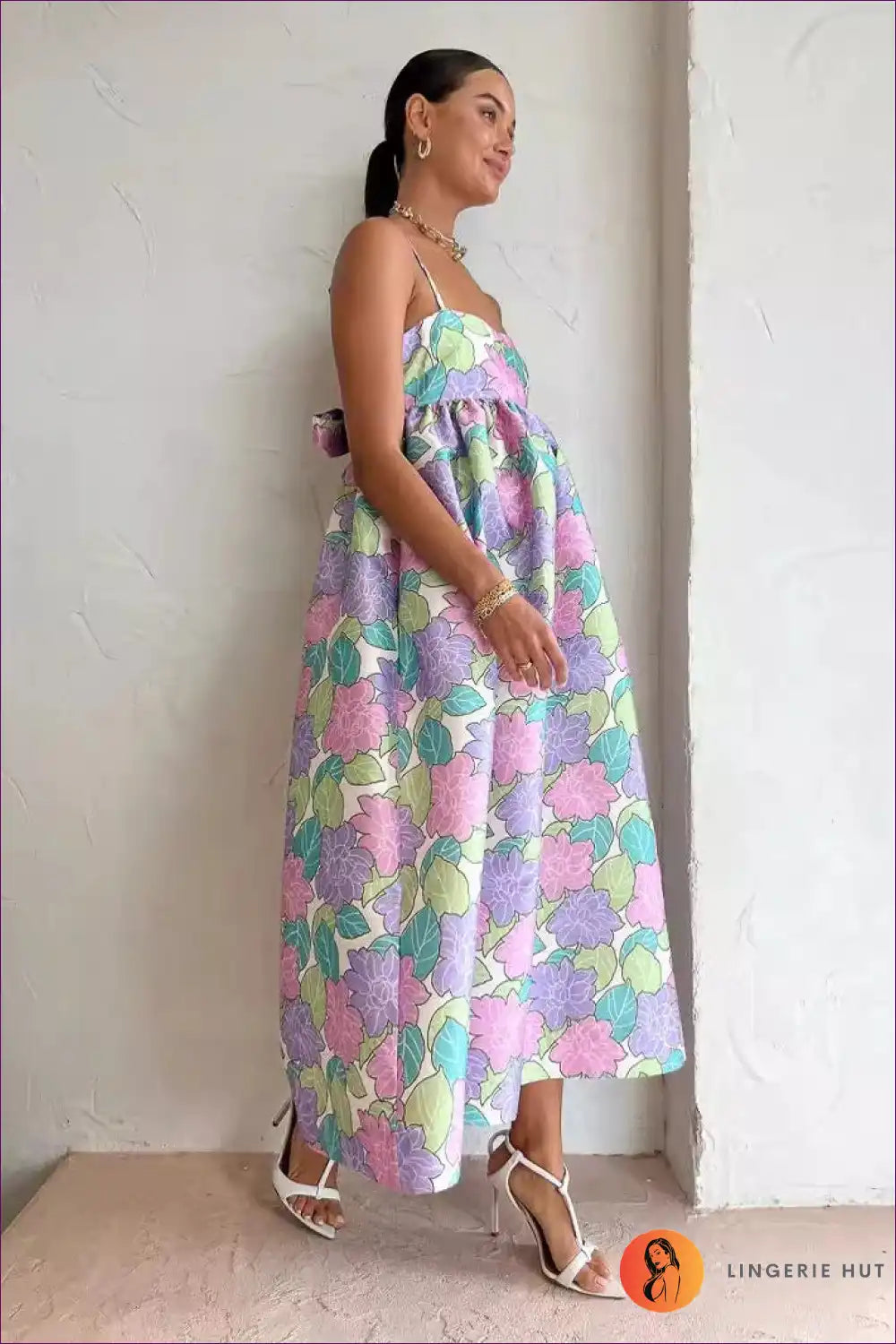 Pastel Floral Spaghetti-strap Maxi Dress - Empire Waist for Casual, Everyday, Floral, Maxi, Sleeveless