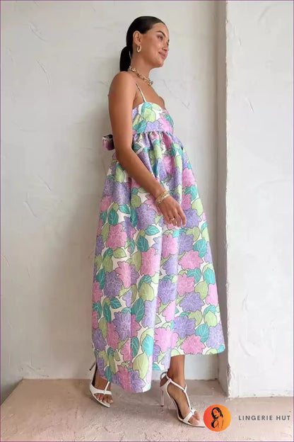 Pastel Floral Spaghetti-strap Maxi Dress - Empire Waist for Casual, Everyday, Floral, Maxi, Sleeveless