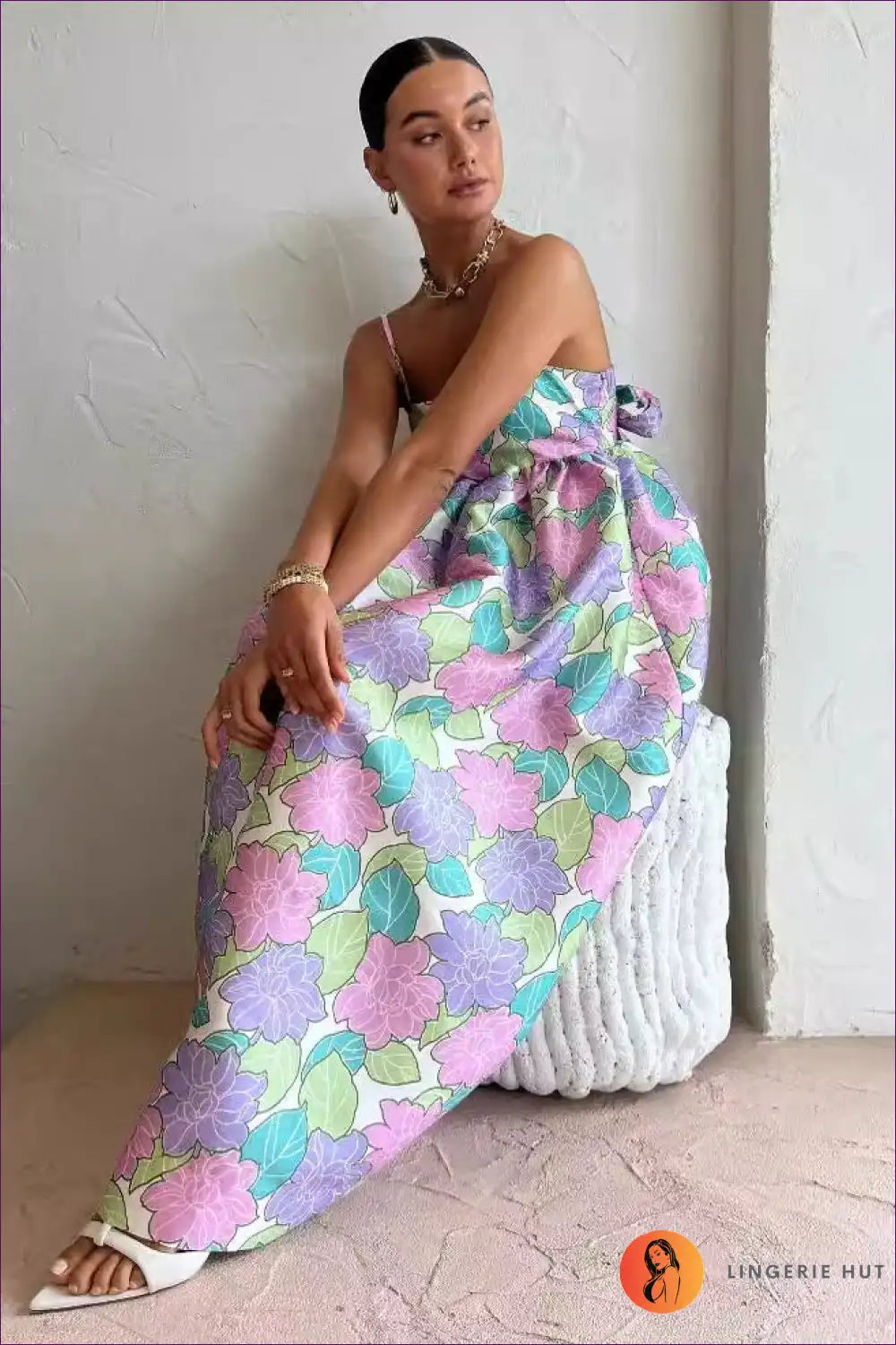 Pastel Floral Spaghetti-strap Maxi Dress - Empire Waist for Casual, Everyday, Floral, Maxi, Sleeveless