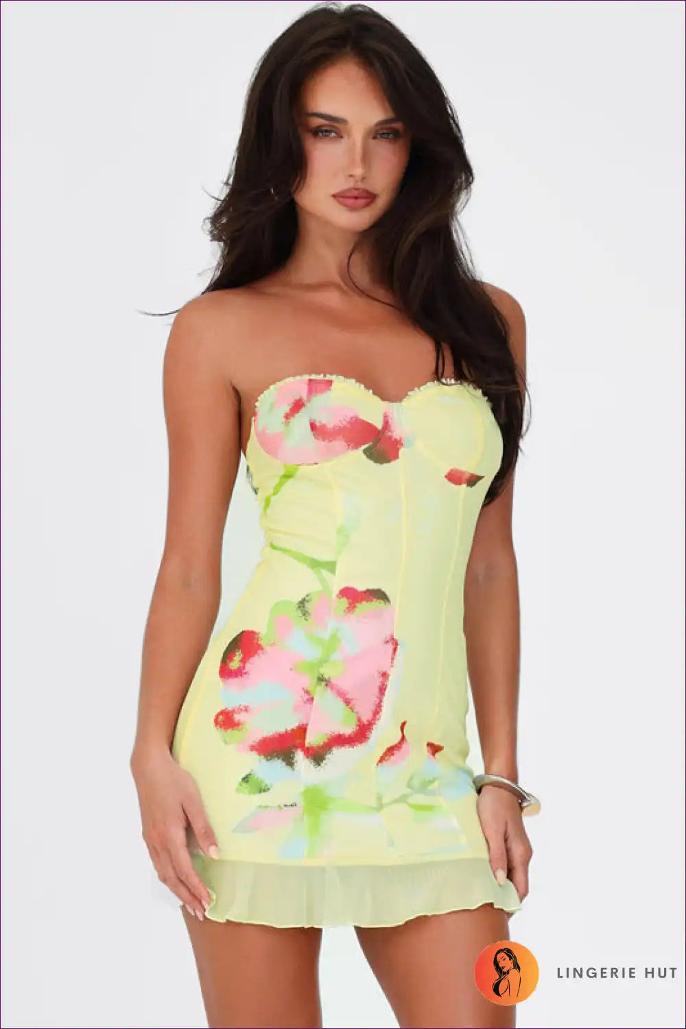 Pastel Floral Strapless Mini Dress with Sweetheart Bustier for Bodycon, Date Night, Dress, Dresses, Evening
