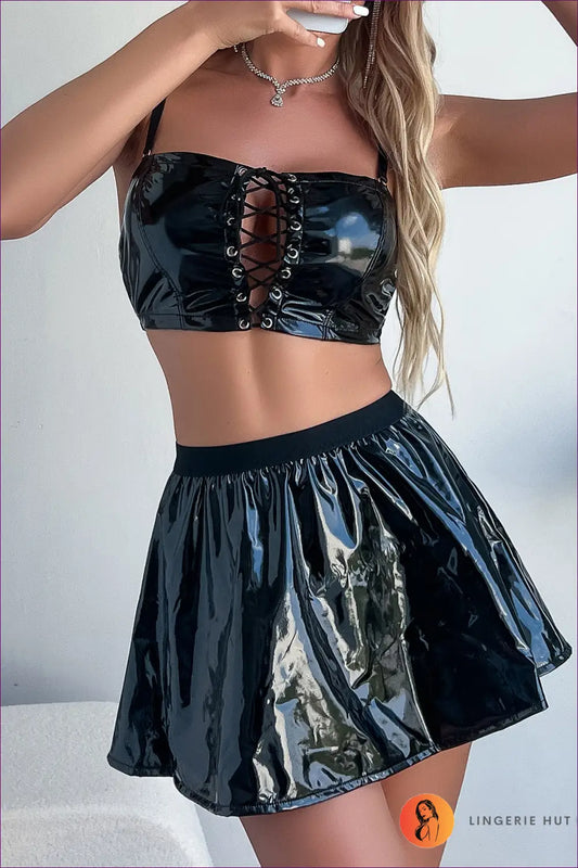 Patent Crop Top & Mini Skirt Set - Bold Night-out Energy - s / Black - co Ord - Lingerie Hut - A-line • All Season