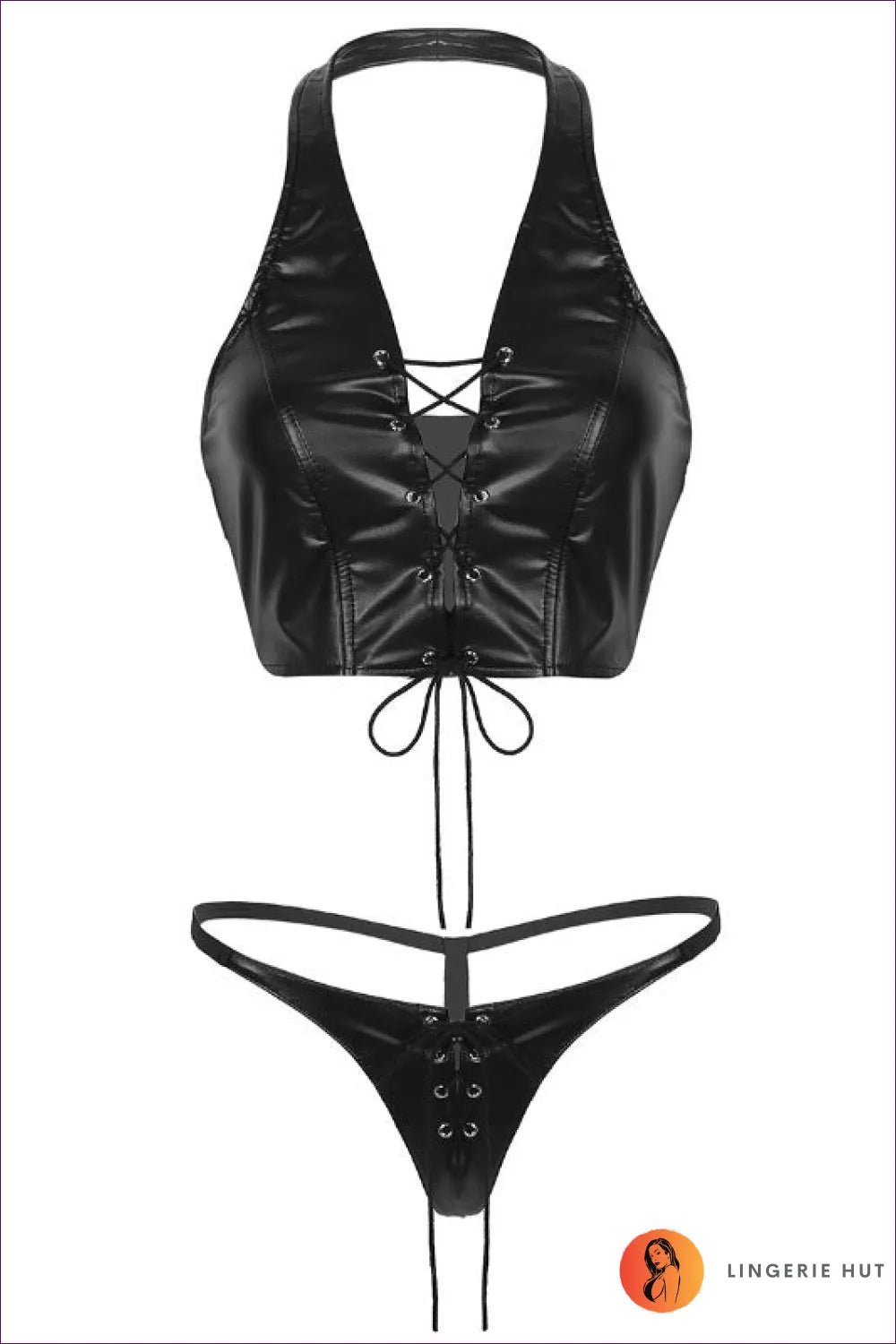 Embrace Your Fearless Side With Lingerie Hut’s Patent Leather Lace-up Halter Bra Set. a Glossy, Split