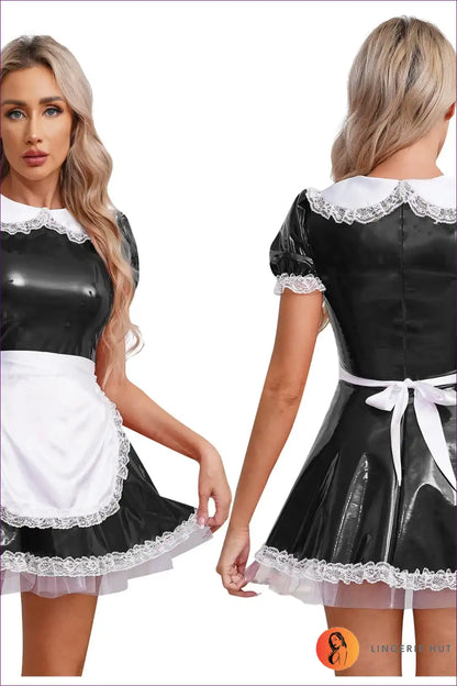 Patent Leather Ruffle Maid Dress with Puff Sleeves & Apron for a Line, Costume, just In, Leather,