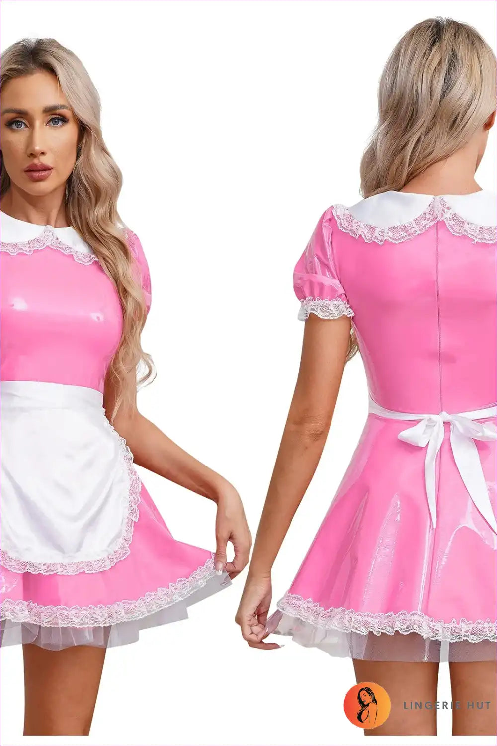 Patent Leather Ruffle Maid Dress with Puff Sleeves & Apron for a Line, Costume, just In, Leather,