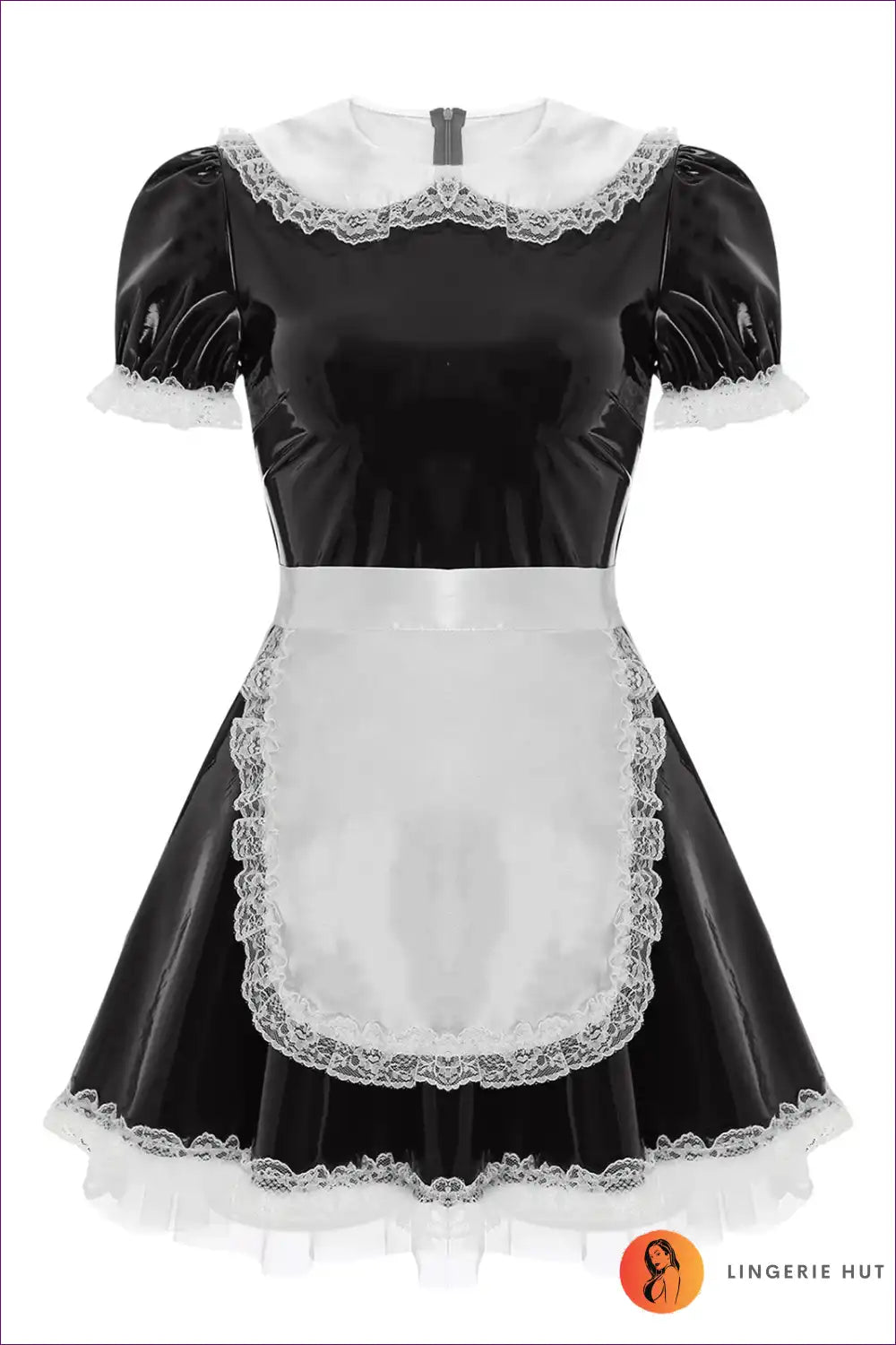 Patent Leather Ruffle Maid Dress with Puff Sleeves & Apron for a Line, Costume, just In, Leather,
