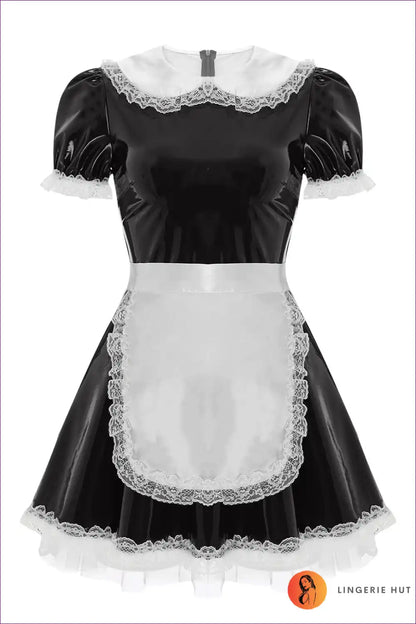 Patent Leather Ruffle Maid Dress with Puff Sleeves & Apron for a Line, Costume, just In, Leather,