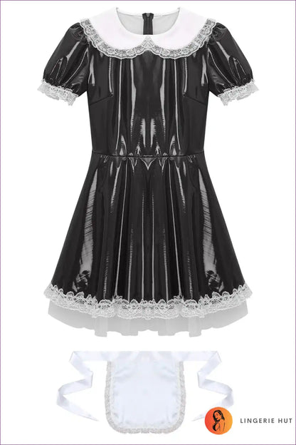 Patent Leather Ruffle Maid Dress with Puff Sleeves & Apron for a Line, Costume, just In, Leather,