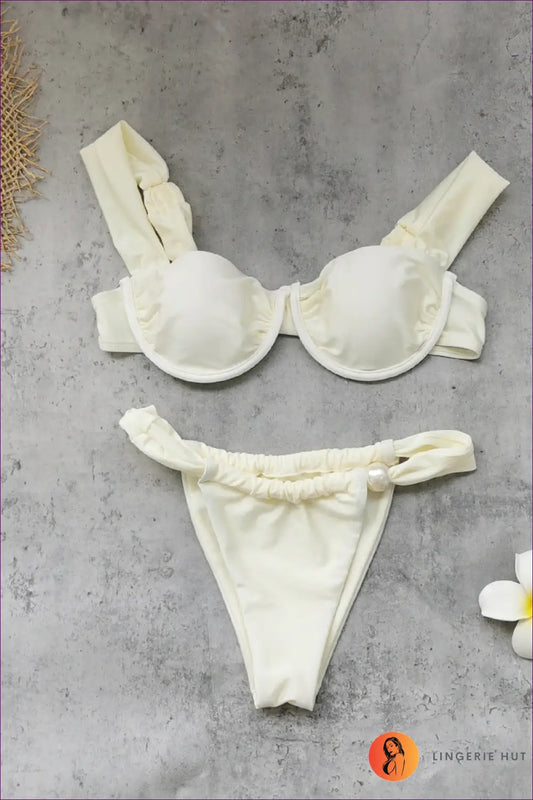 Pearl Bead Triangle Bikini with Tasselled Ties - Coastal Elegance - s / Swimwear - Beachwear • Brazilian • Embellished