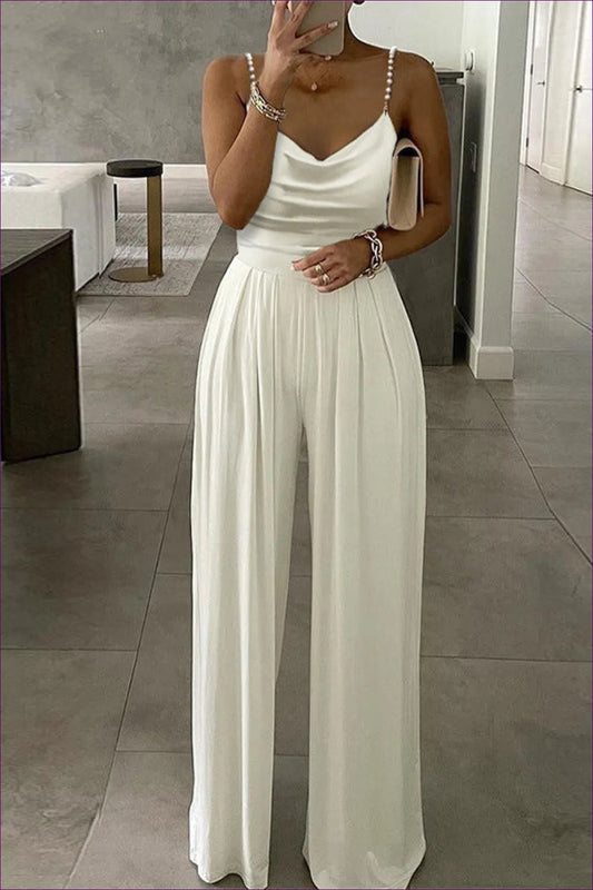 Elevate Your Wardrobe With Our Pearl Detail Cowl Neck Backless Jumpsuit. This One-piece Wonder Combines