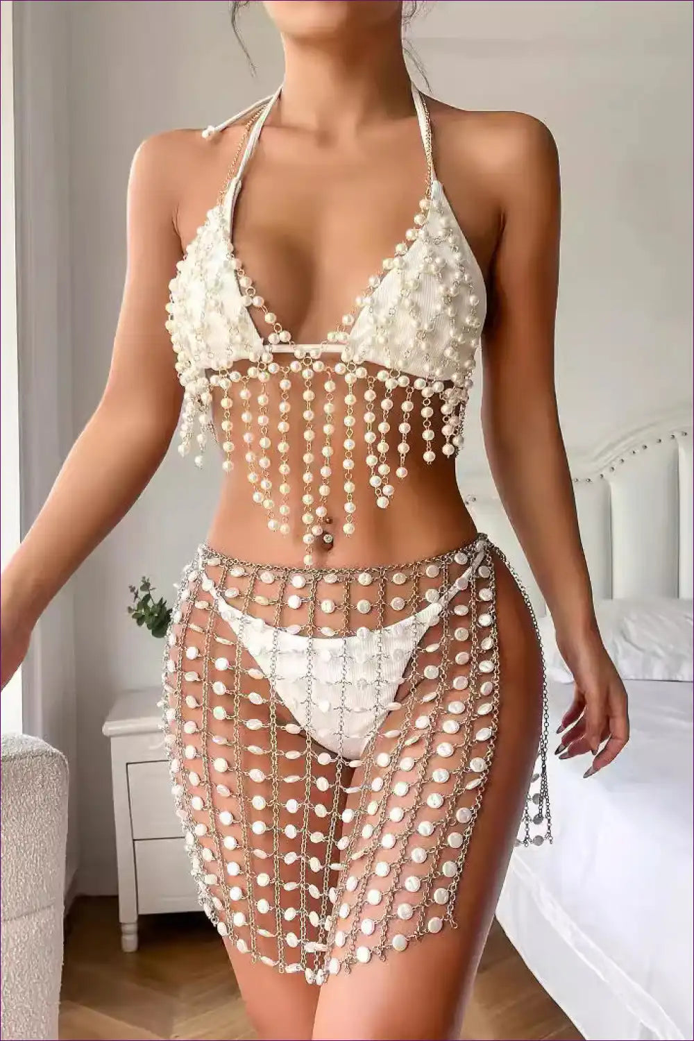 Pearl Embellished Skirt Set with Halter Top - Statement Party Mood for All Season, Clubwear, co Ord, Crop,