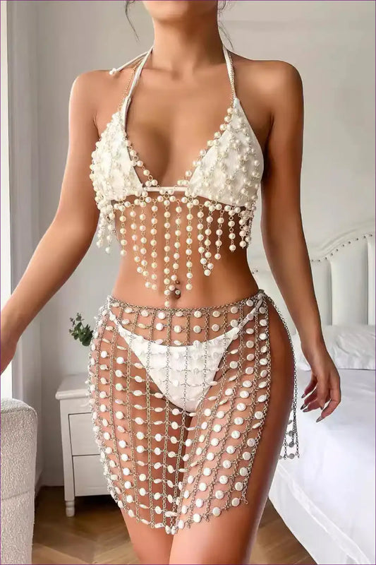 Pearl Embellished Skirt Set with Halter Top - Statement Party Mood for All Season, Clubwear, co Ord, Crop,