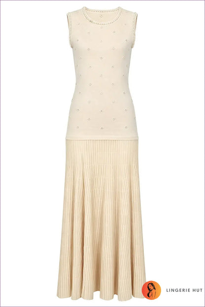 Pearl Knit Maxi Dress - Ribbed Flare Skirt - s / Apricot - Bodycon • Elegant • Everyday • Jersey - Dimenssa
