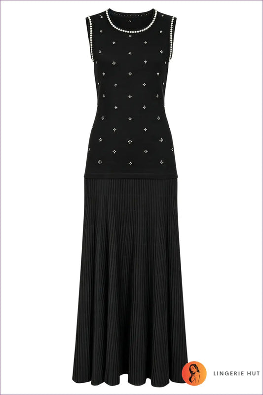 Pearl Knit Maxi Dress - Ribbed Flare Skirt - s / Black - Bodycon • Elegant • Everyday • Jersey - Dimenssa