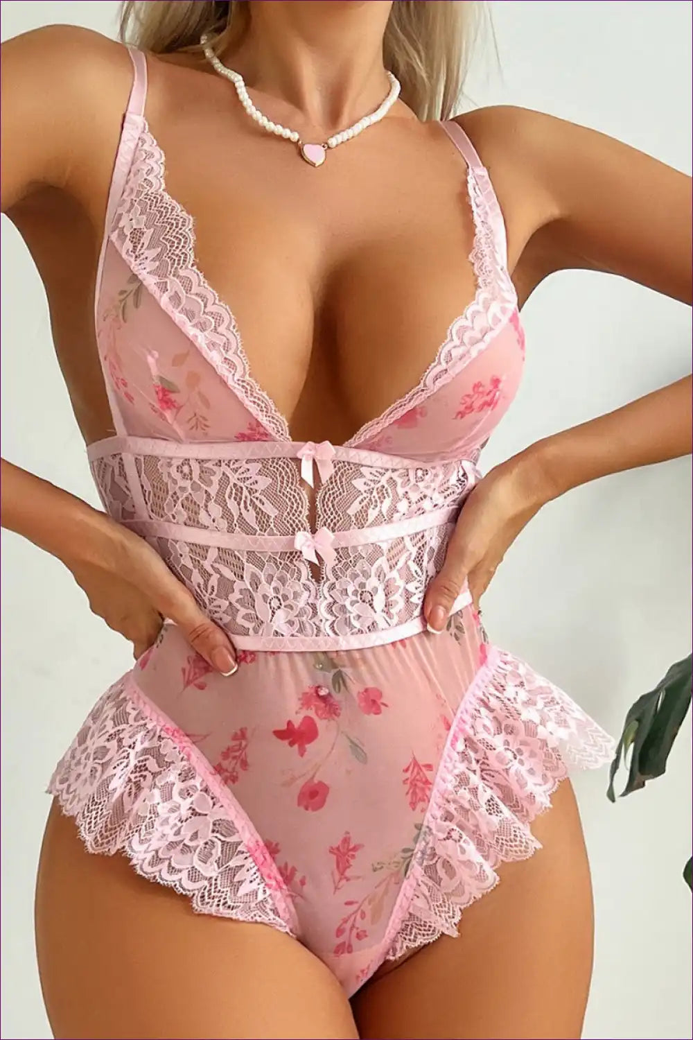 Pink Floral Lace Lingerie Bodysuit - Sweet & Seductive Charm for Boudoir, Lace, Lingerie, N, Night