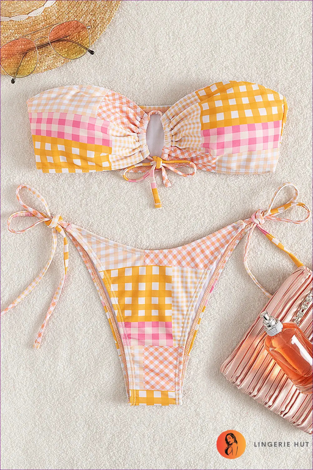 Pink Gingham Patchwork Bikini with Ring Detail - Picnic Poolside - Xs / Beachwear • Cutout • just in • Summer