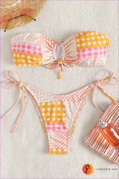 Pink Gingham Patchwork Bikini with Ring Detail - Picnic Poolside - Xs / Beachwear • Cutout • just in • Summer