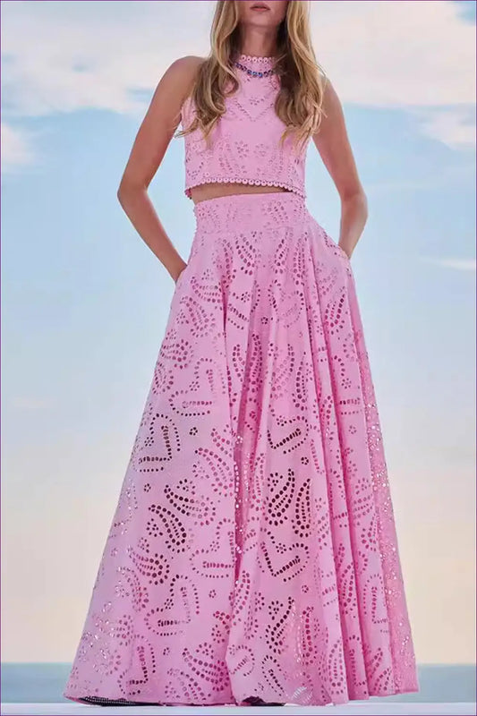 Pink Lace Crop Top & Maxi Skirt Co-ord Set - Elegant Summer Chic for Boho, Casual, co Ord, Crop, Cutout