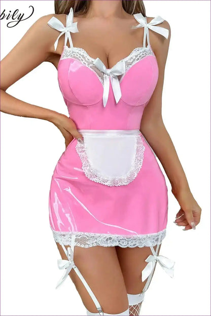 Pink Maid Costume with Lace Trim and Bows - Playful Modern Muse for Boudoir, Costume, Garter, just In, Lace
