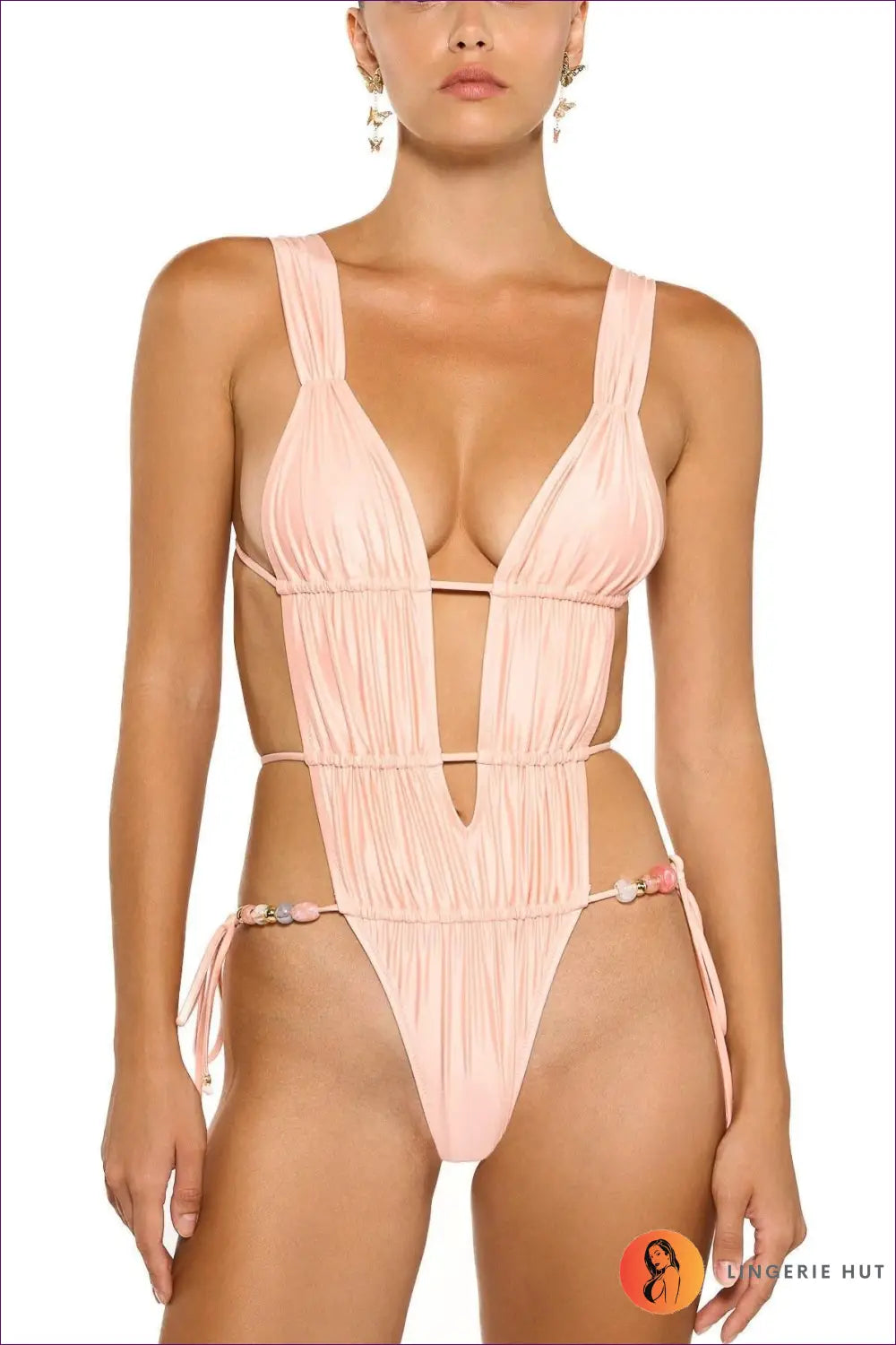 Pink Plunge One-piece Swimsuit with Beaded Hip Tie - Barefoot Luxe - s / Backless • Beachwear • Cutout • Glamour