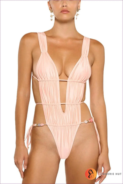 Pink Plunge One-piece Swimsuit with Beaded Hip Tie - Barefoot Luxe - s / Backless • Beachwear • Cutout • Glamour