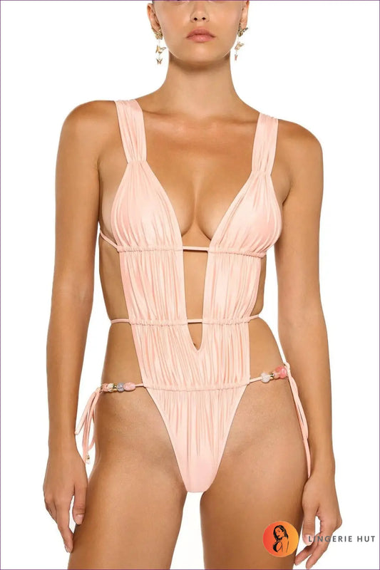 Pink Plunge One-piece Swimsuit with Beaded Hip Tie - Barefoot Luxe - s / Backless • Beachwear • Cutout • Glamour
