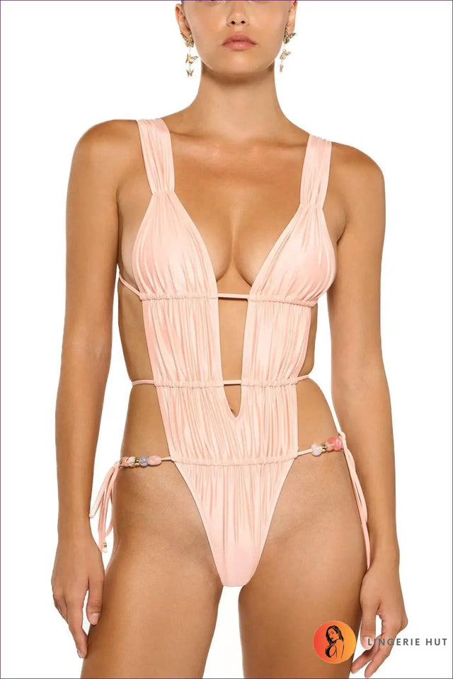 Pink Plunge One-Piece Swimsuit with Beaded Hip Tie - Barefoot Luxe