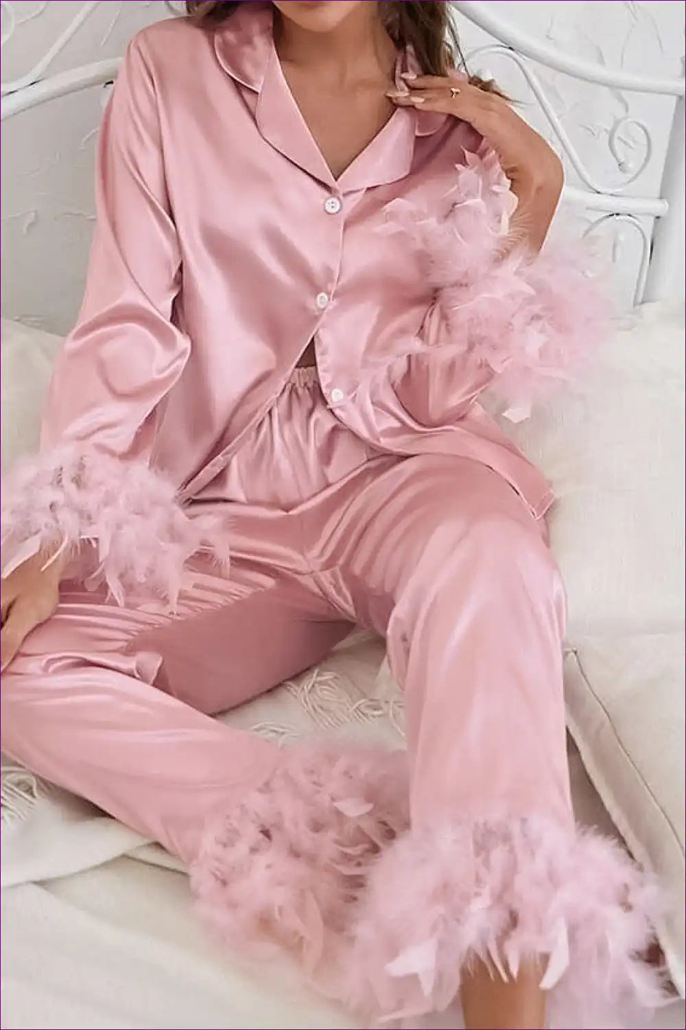 Pink Satin Feather Trim Pyjama Set
