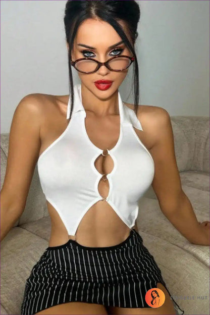 Pinstripe Cut-out Babydoll Dress - Bold Secretary Fantasy for Babydoll, Backless, Bodycon, Clubwear, Costume