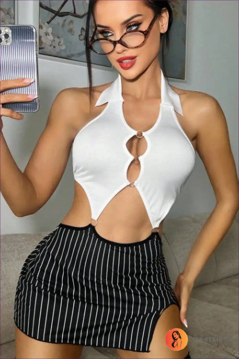 Pinstripe Cut-out Babydoll Dress - Bold Secretary Fantasy for Babydoll, Backless, Bodycon, Clubwear, Costume