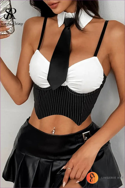 Pinstripe Student Costume Set with Skirt and Tie - After-hours Statement - Black / s - Outfit - Lingerie Hut - Clubwear