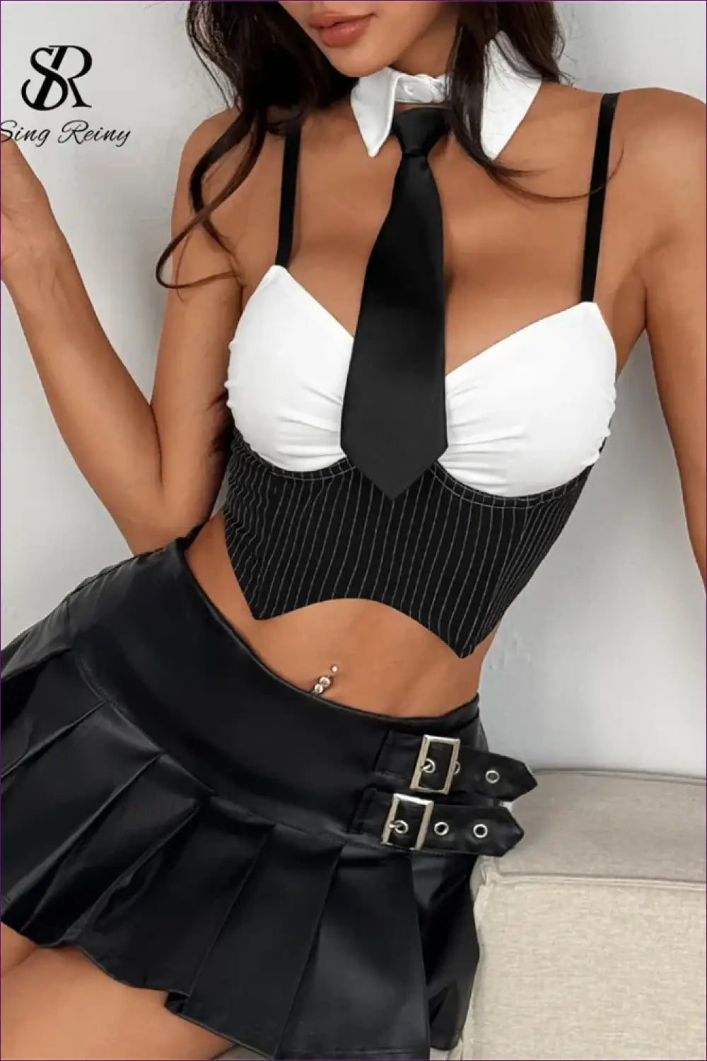 Pinstripe Student Costume Set with Skirt and Tie - After-hours Statement - Outfit - Lingerie Hut - Clubwear • Corset