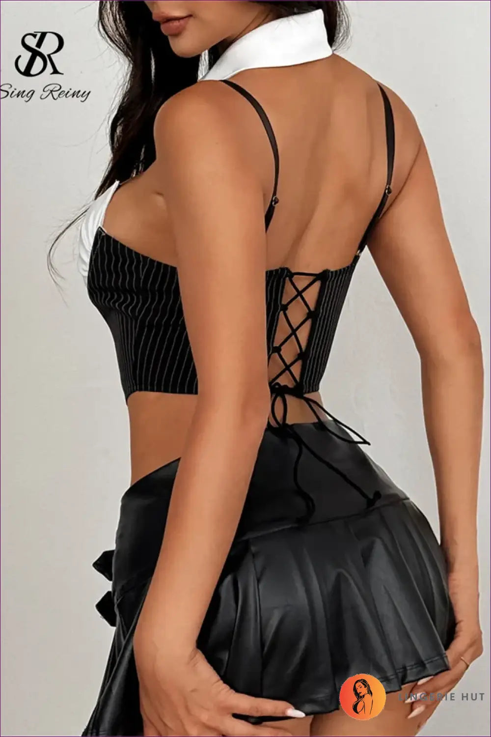 Pinstripe Student Costume Set with Skirt and Tie - After-hours Statement - Outfit - Lingerie Hut - Clubwear • Corset