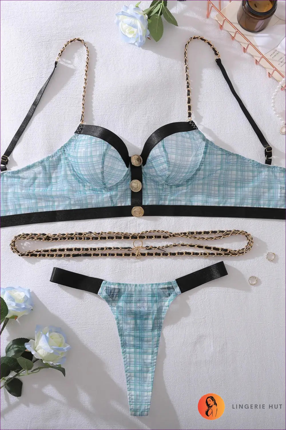 Plaid Chain Detail Bra Set - Worth a Second Look - Blue / s - Lingerie Hut - Boudoir • Clubwear • Crop • Date Night