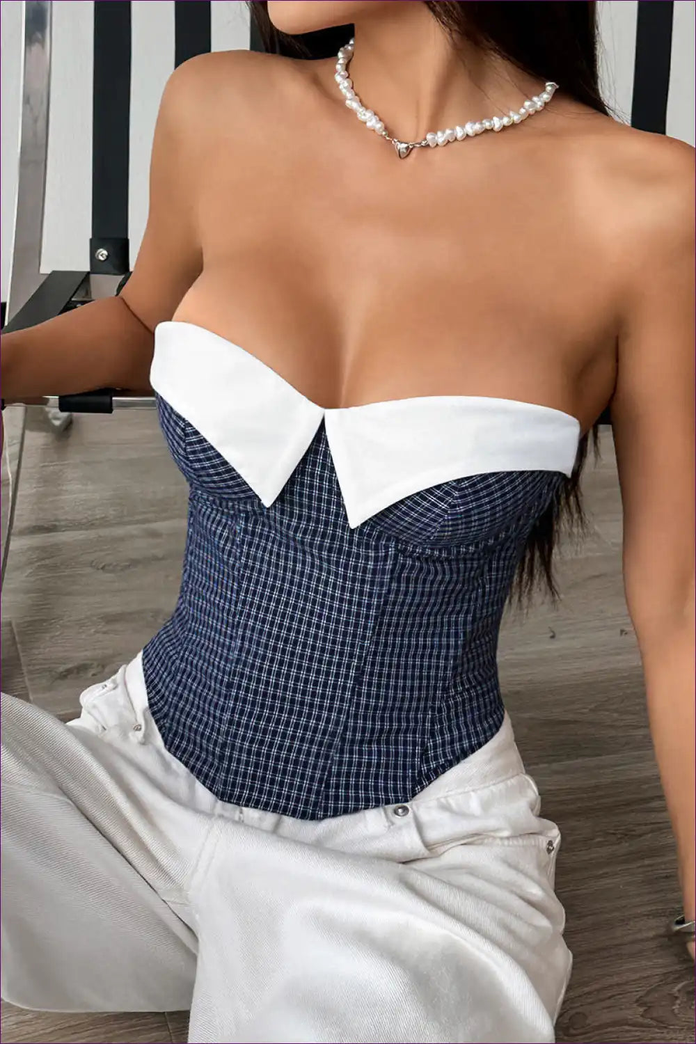 Plaid Corset Tube Top with Contrast Collar - Modern Retro Edge for Casual, Corset, Crop, Date Night,