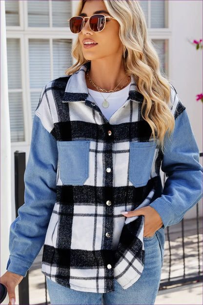 Plaid & Denim Fusion Shacket - Chic Casual Comfort for Casual, Denim, Everyday, Glamour, Jackets