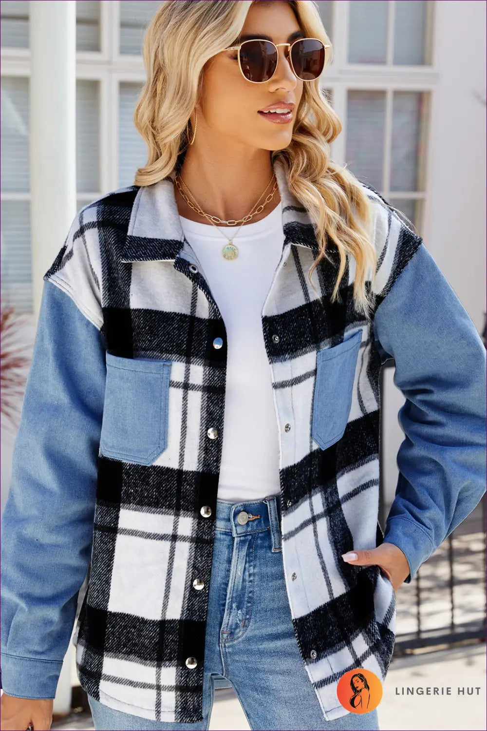 Plaid & Denim Fusion Shacket - Chic Casual Comfort for Casual, Denim, Everyday, Glamour, Jackets