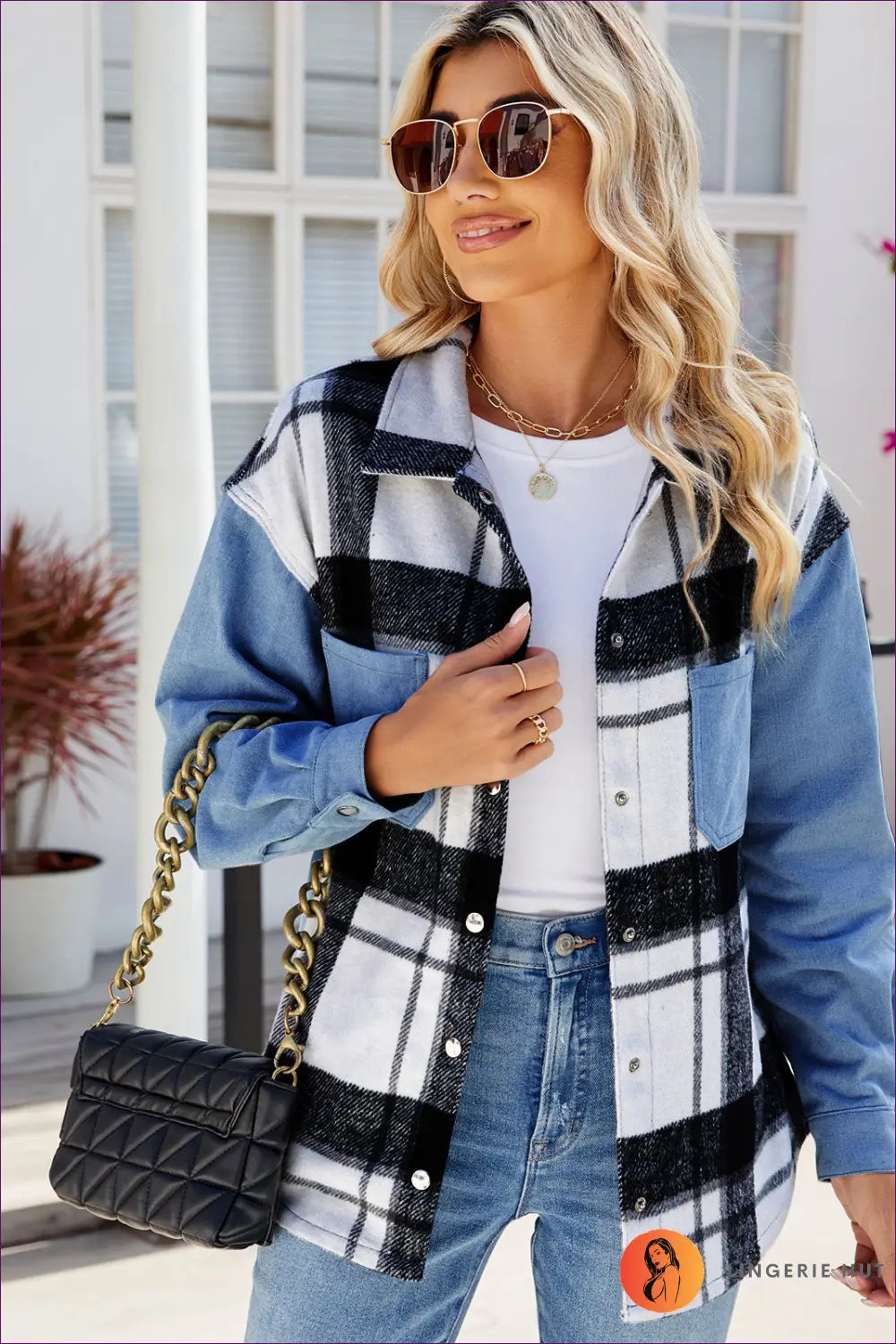 Plaid & Denim Fusion Shacket - Chic Casual Comfort for Casual, Denim, Everyday, Glamour, Jackets