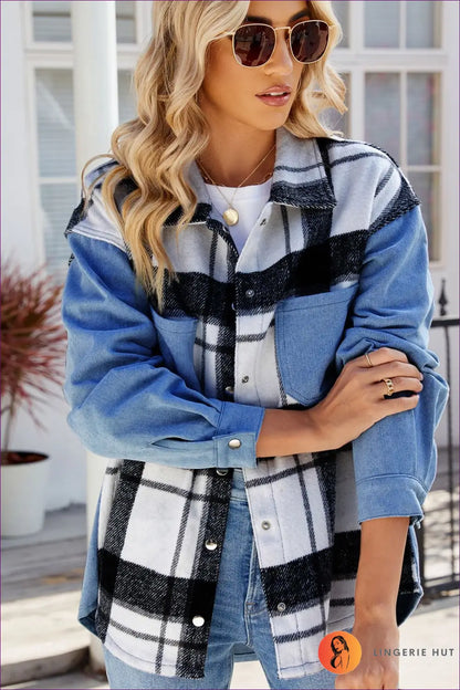 Plaid & Denim Fusion Shacket - Chic Casual Comfort for Casual, Denim, Everyday, Glamour, Jackets