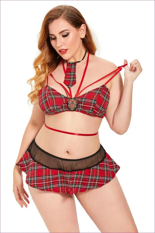Unleash a Bold Statement This Holiday With Our Plaid Harness Mini Skirt Uniform, Featuring Sheer Lace