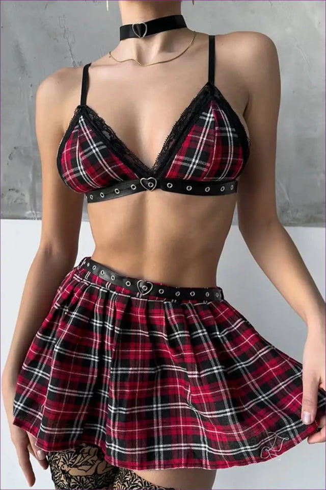 Plaid Bra Set with Skirt and Lace Trim